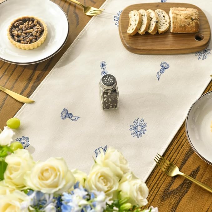 Artoid Mode Blue Antique Herbs and Wild Flowers Spring Table Runner, Seasonal Summer Kitchen Dining Table Decor for Home Party Decor 13x72 Inch