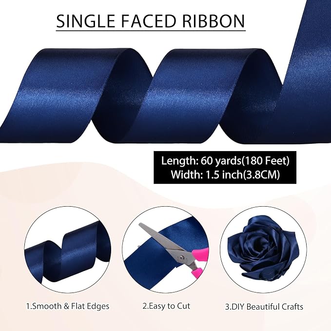 woric Navy Blue Satin Ribbon 1 1/2 Inch 60 Yards - Image 2