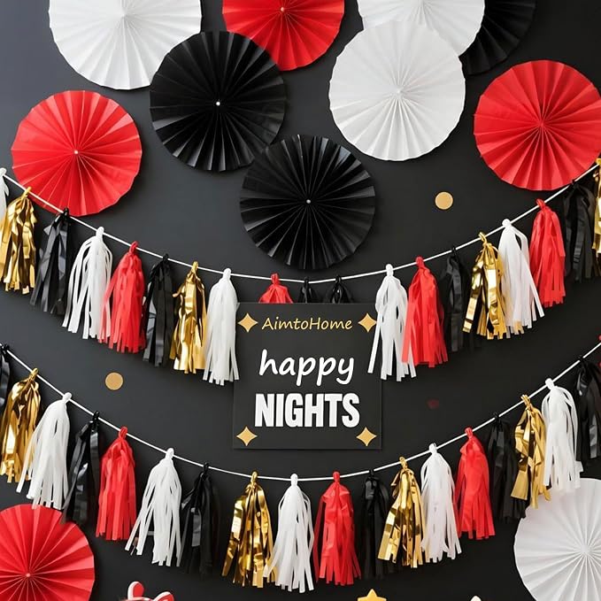 Red Black White Gold Paper Tassel, 20 Pack, Party Decorations - Image 6