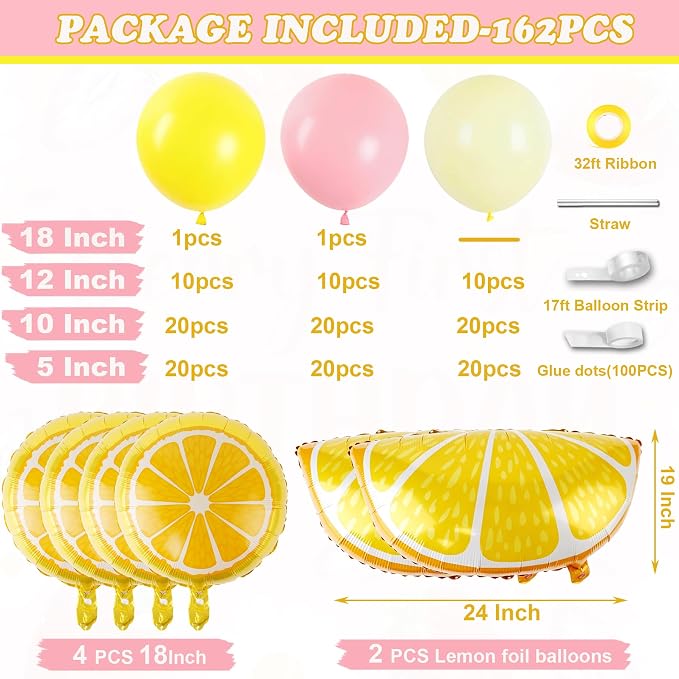 162Pcs Pastel Yellow Light Pink Lemon Balloon Arch Kit, Lemon Foil Balloons - Image 2