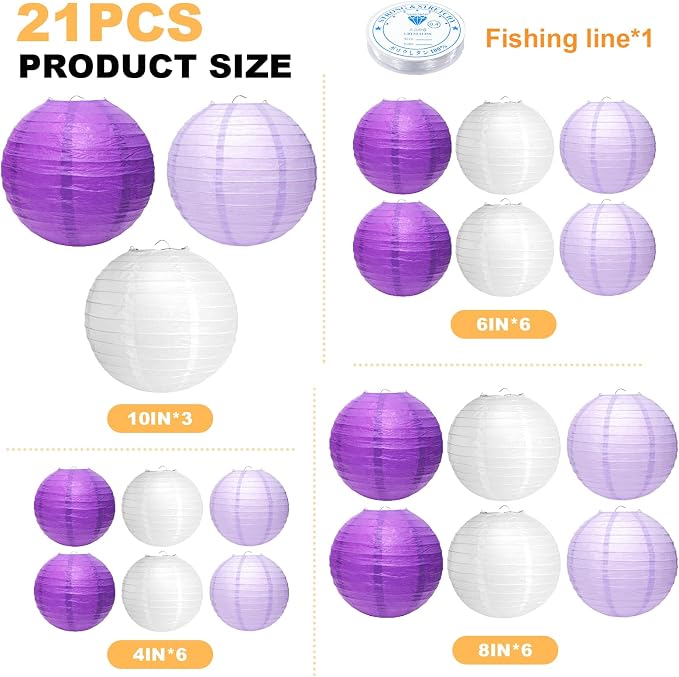 21Pcs Purple Paper Lanterns, 4-10in Hanging Decor, Bachelorette Wedding | - Image 2