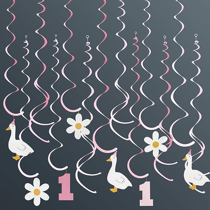 24Pcs Pink One Silly Goose Hanging Swirl Decorations Daisy Felt Swirl Streamer by pinkblume