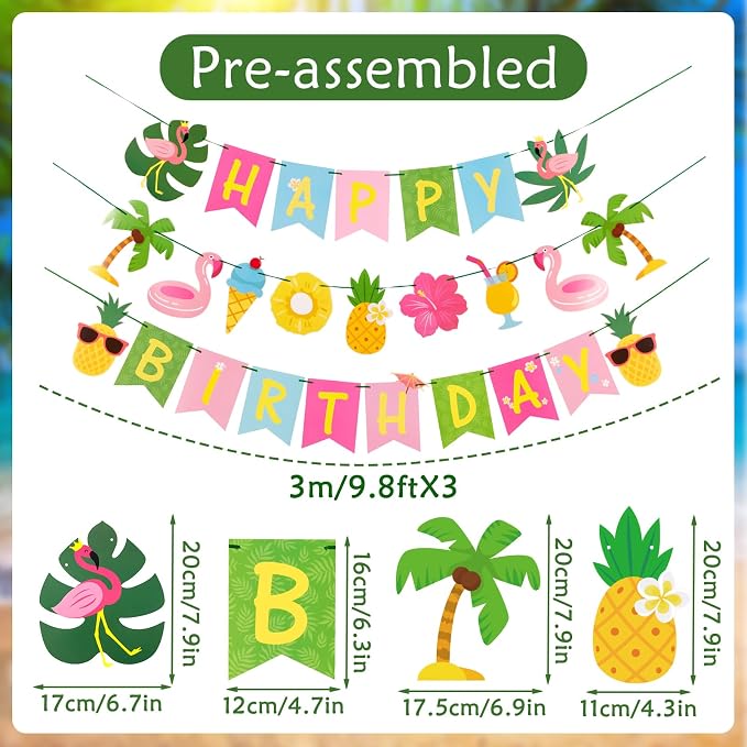 SUNBEAUTY Hawaiian Happy Birthday Banner Tropical Luau Party Birthday Flamingo - Image 3