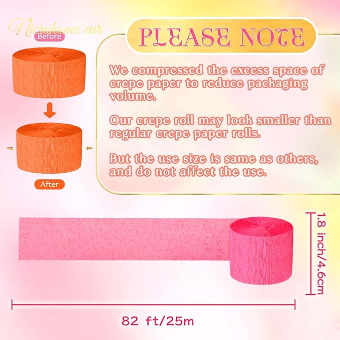 NICROHOME EUR Retro Orange Pink Summer Party Crepe Paper Streamers 5 Rolls | - Image 3