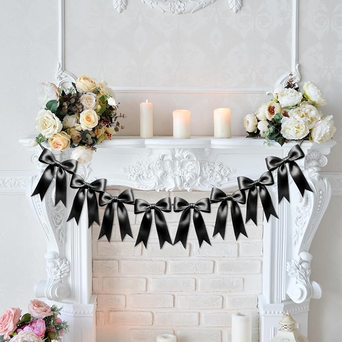 1 String of 8PCS Black Bow Garland Banner Decoration, Pre-Strung Satin Ribbon by Unknown