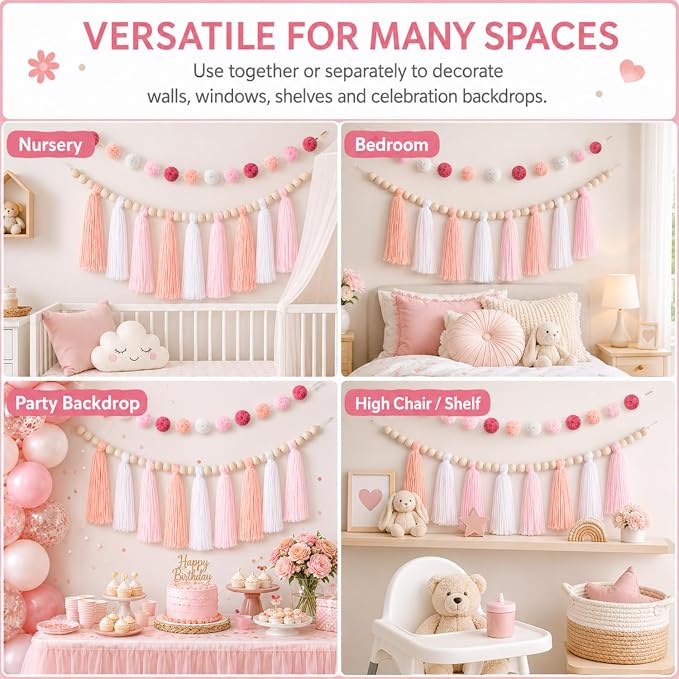 Syhood 3 Pcs 79" 2 Pom Pom Garland Wall Decor and 36" 1 Boho Tassel Garland - Image 3