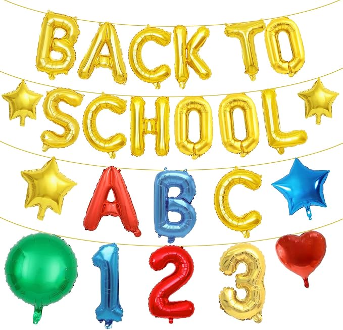 16 Inch Gold Foil BACK TO SCHOOL Letter Balloon Set, ABC 123 Balloons, and by Broeify