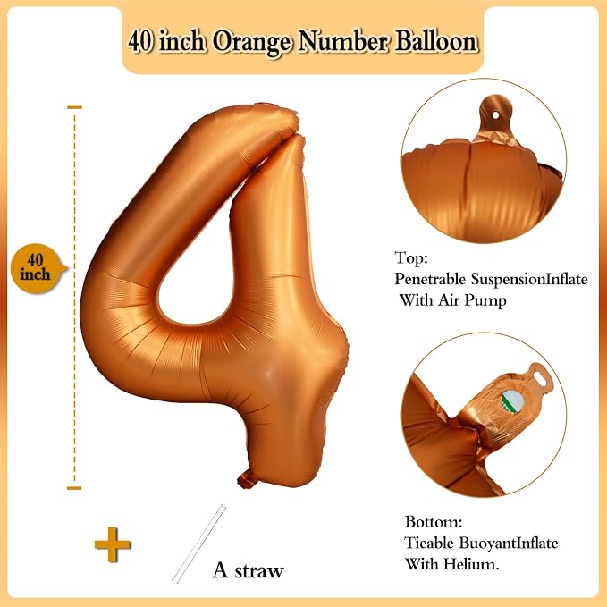 40 inch Orange Number 4 Balloon 4th Birthday Party Decorations | Giant Foil - Image 2