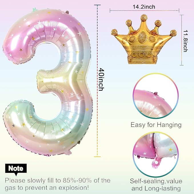 Stars Rainbow Gradient Number 3 Balloon, 40 Inch Giant Number 3 Balloon & Mini - Image 2