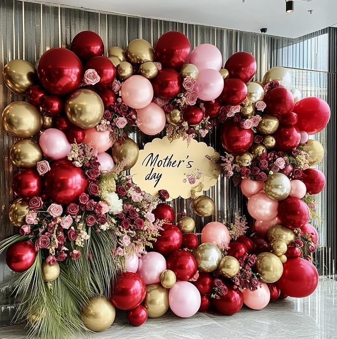 Burgundy Pink Balloon Arch Kit, Double Stuffed Ruby Red Pearl Pink Gold Balloon - Image 5