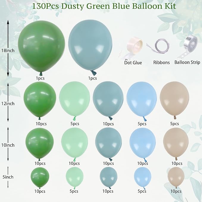 130Pcs Sage Green Dusty Blue Balloon Garland Arch Kit, - Image 2