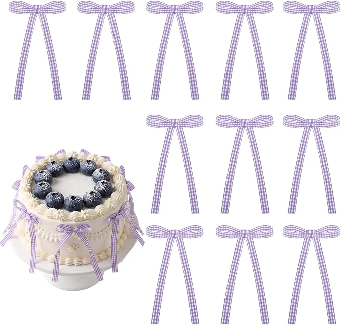 30 Pack Bow Cake Toppers Purple Gingham Ribbon Bows by NatNarr