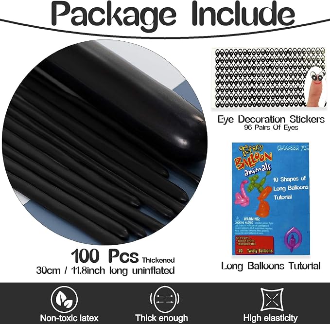 260 Balloons Black, Thickened 100 Pack Long Balloons Twisting Skinny Magic - Image 2