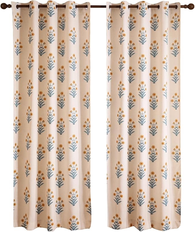 Designer Vintage Linen Printed Curtain, 2 Panels, Pale Yellow Floral Pattern - Image 4