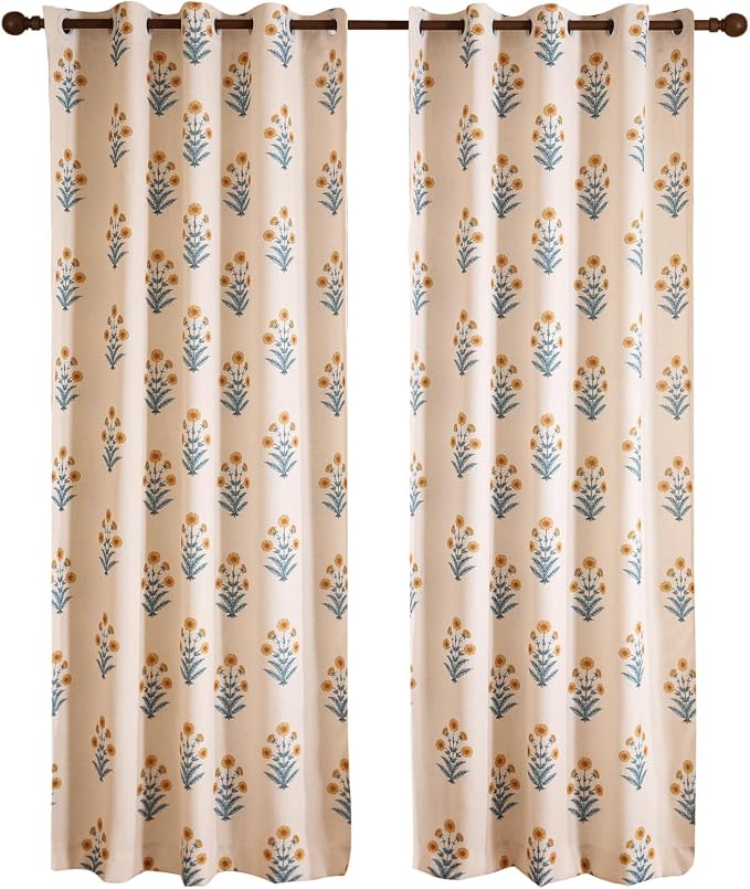 Designer Vintage Linen Printed Curtain, 2 Panels, Pale Yellow Floral Pattern - Image 4