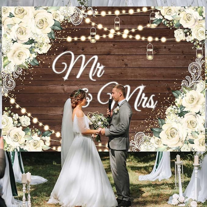 7x5ft Floral Mr and Mrs Engagement Decorations Backdrop White Flowers Wooden - Image 5