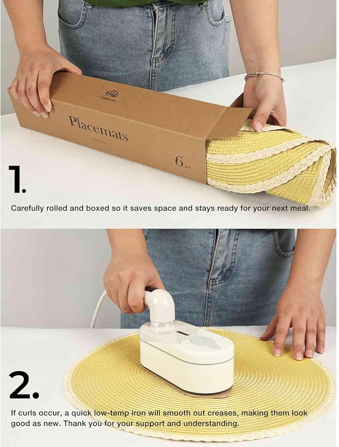 Round Placemats Set of 8, Woven Table Mats, Mint Yellow | Braided Paper Edge - Image 7