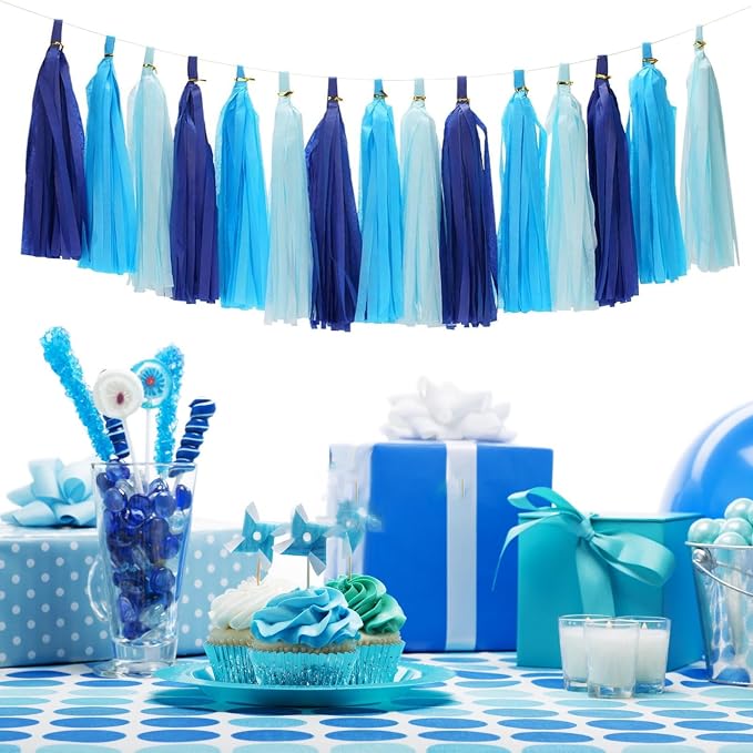 Blue Ombre Tassel 30Pcs Tissue Paper Tassels Garland DIY Hanging Paper - Image 4