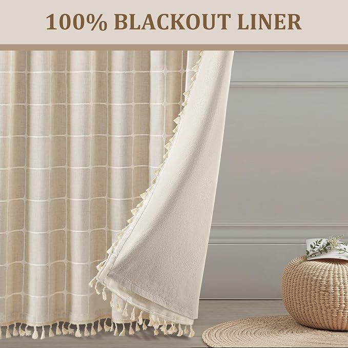 Boho Blackout Plaid Curtains 90 Inch Drapes Linen Blend 2 Panels | Vintage - Image 3