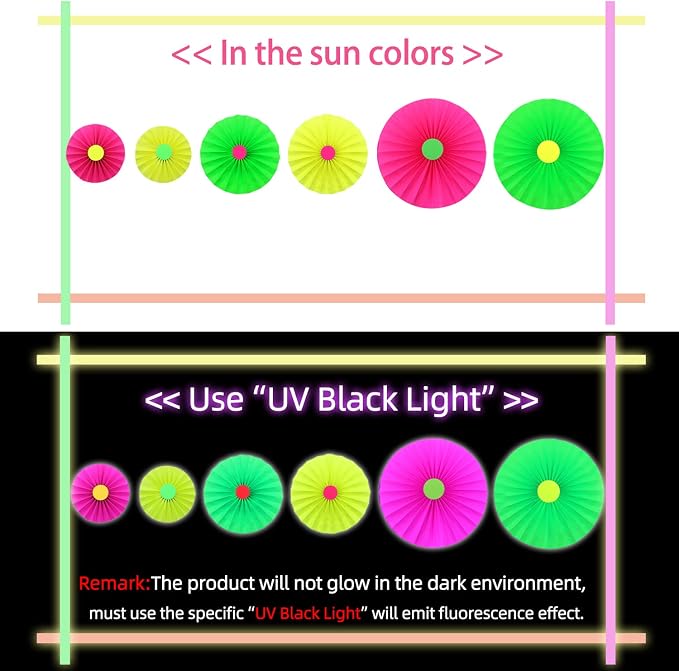 6Pcs UV Neon Party Hanging Paper Fans Flower Glow in The Dark Glow Party - Image 3