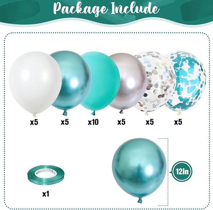 Teal Blue Silver Balloons, Aqua Blue White Silver - Image 2
