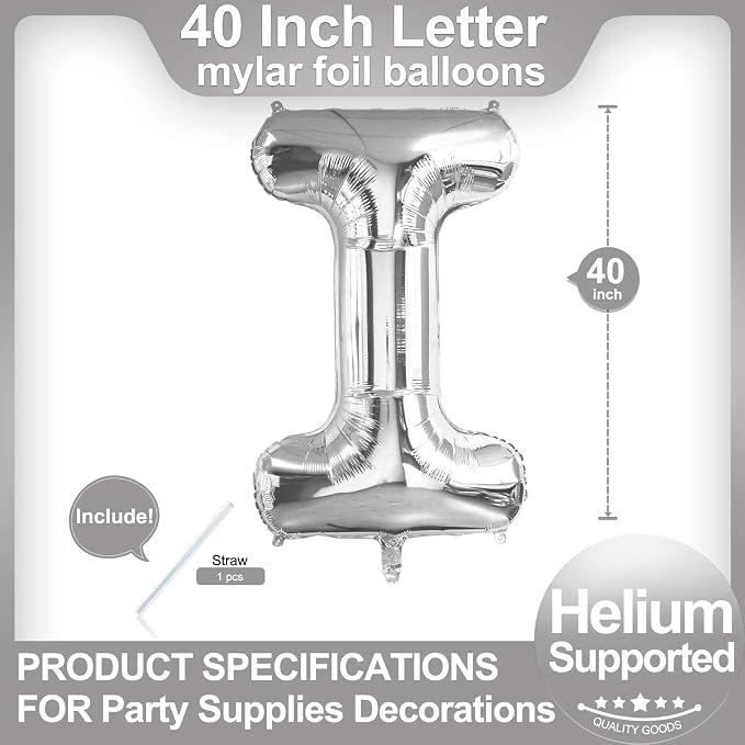 40 Inch Silver Letter I Balloons, DIY Phrase Foil Alphabet Letter I Balloons - Image 2