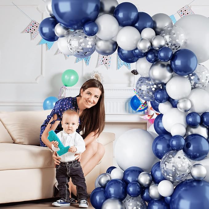 144PCS Navy Blue Silver Balloons Garland Kit, 18 12 10 5 inch Blue White - Image 5