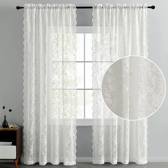 FINECITY Ivory Lace Curtains for Bedroom Rustic Floral 52 x 63 Inch 1 Panel | - Image 8