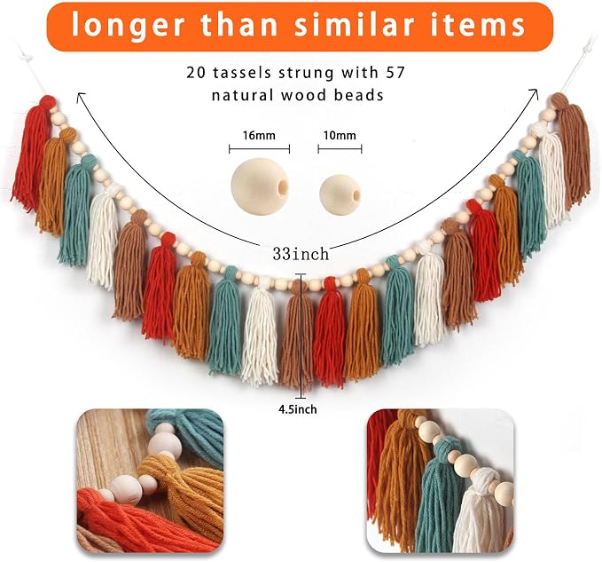 GIAUMA Burnt Orange Boho Yarn Tassel Garland - Image 3