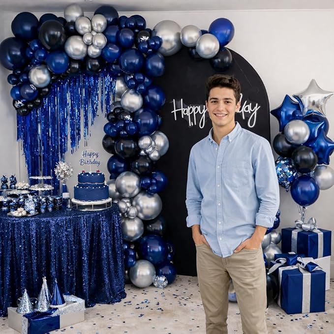 Navy Blue and Black Balloons, 12 Inch Metallic Dark Navy Blue and Silver - Image 7
