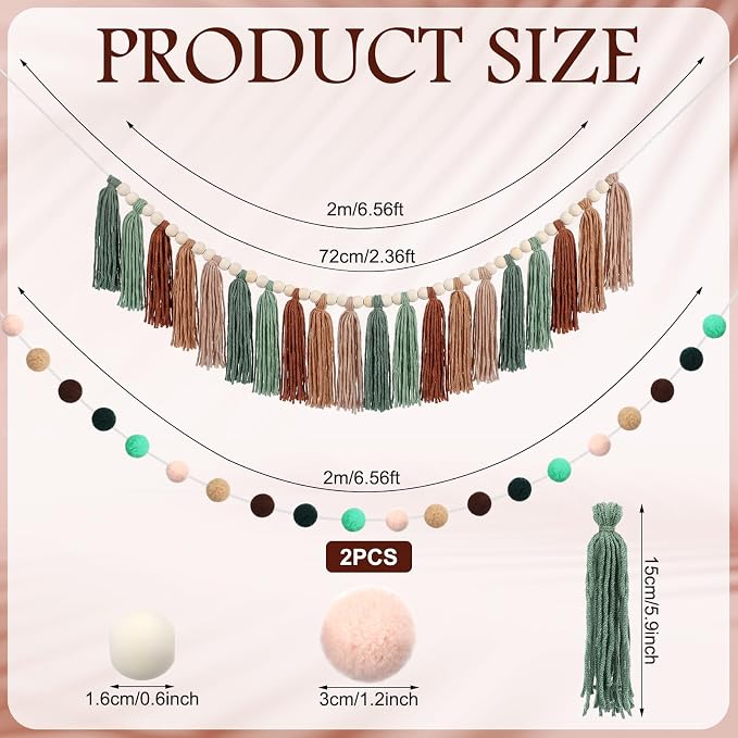 Hahafelt 3 Pcs Sage Green Brown Tassel Garland, Pom Pom Tassel Garland - Image 2