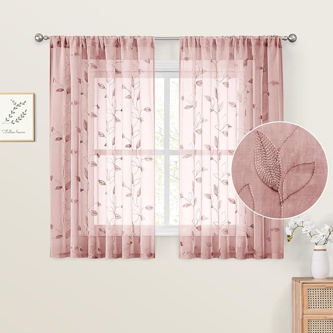 HOMEIDEAS Blush Pink Sheer Kitchen Curtains 52 x 45 Inch Length 2 Panels by HOMEIDEAS