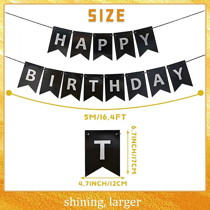 Black Happy Birthday Banner, Pre-Strung Black and Silver Birthday Party - Image 5