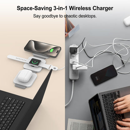 Wireless Charging Station for Apple Multiple Devices - 3 in 1 Foldable Magnetic Wireless Charger - Travel Charging Pad for iPhone 16 15 14 13 12 Pro Max Plus Watch & AirPods (White)