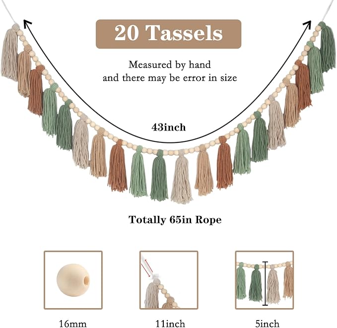 Sage Green Brown Boho Yarn Wood Bead Tassel Garland Wall Hanging Decor Neutral - Image 4