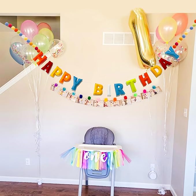 Pre-Strung Reusable 3D Happy Birthday Banner Sign, Rainbow Felt Ball Garland | - Image 7