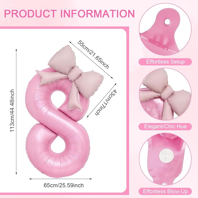 Bow Pink 8 Balloons, 40 Inch Giant Pink Bow Helium Foil Number 8 - Image 2
