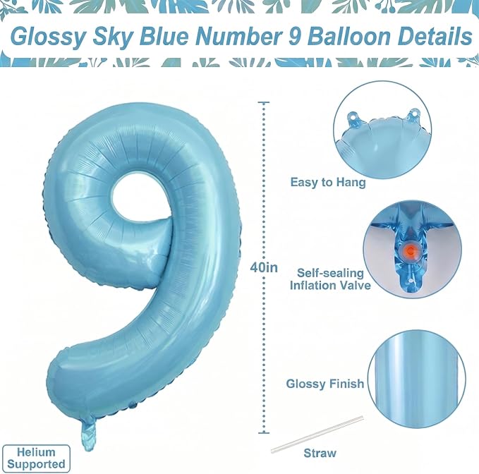 Pearlescent Blue Number 9 Balloon 40 Inch, Large Light Blue Mylar Foil Balloon - Image 4