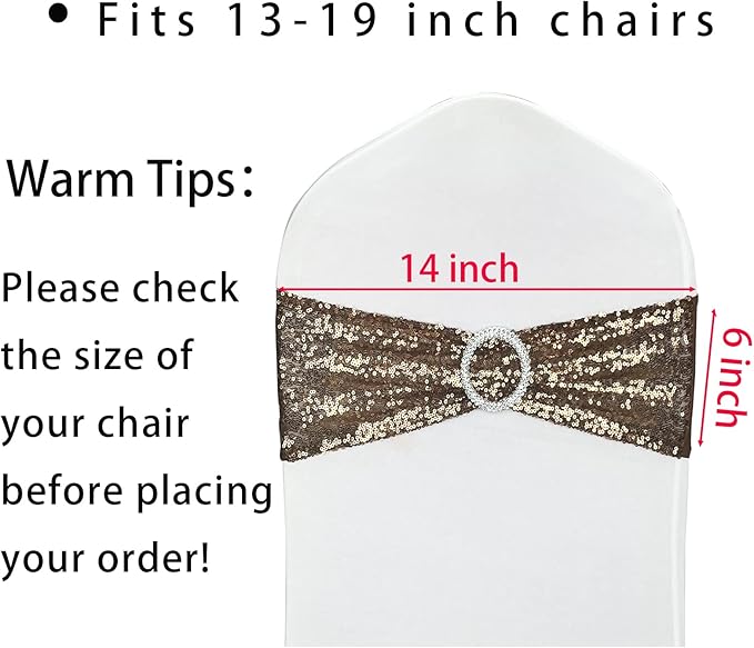 100 Pcs Chair Sashes Sequin Stretch Chair Bands Spandex Polyester Bows for Party Hotel Wedding Banquets Decoration - Coffee