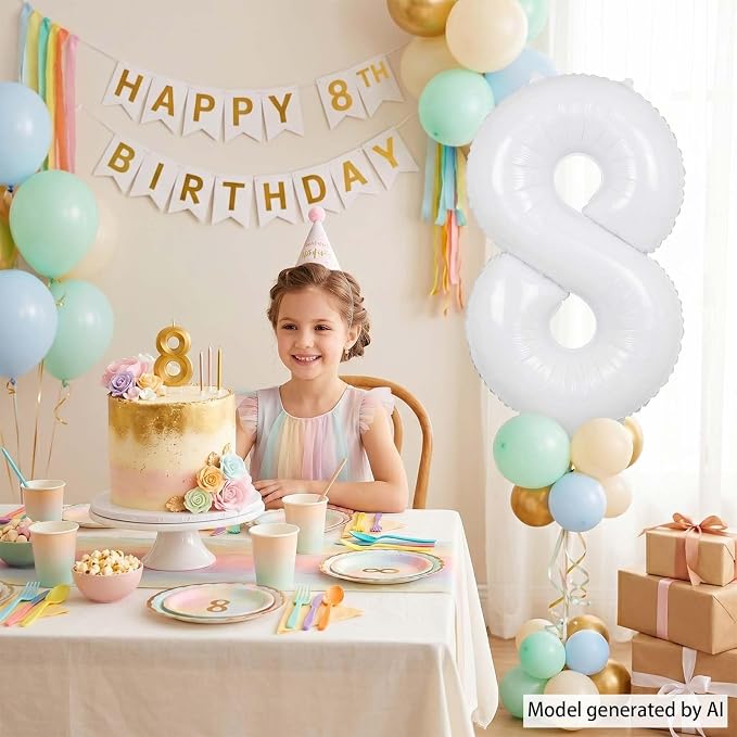 White Number 8 Balloon 40 Inch, Large White Foil Mylar 8th Birthday Decorations - Image 7