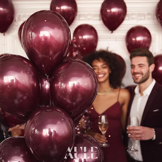 AULE 50Pcs Metallic 12 Inch Burgundy Maroon Latex Balloons | Maroon Shiny - Image 3