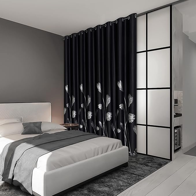 Wide Blackout Curtain for Sliding Door 100W x 96L Inch Silver Print Palm - Image 2
