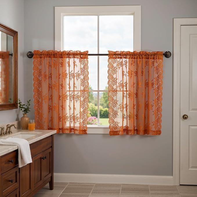 Kotile Burnt Orange Floral Sheer Curtains - Image 5