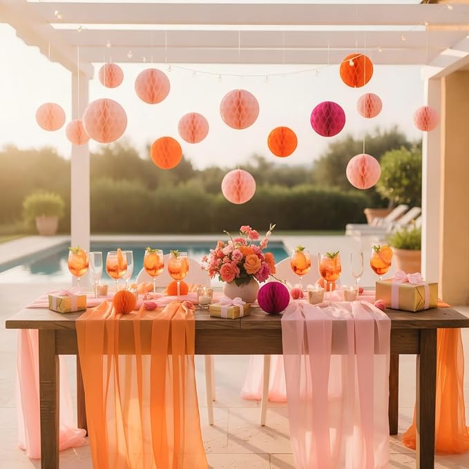 Hot Pink Orange Paper Honeycomb Balls, 12 Pack Hanging Tissue Pom Poms - Image 3