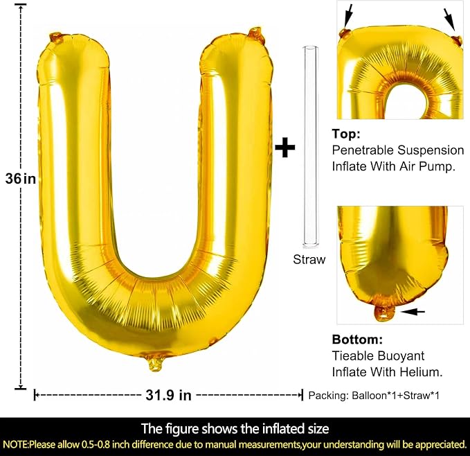 Lovoir 40 Inch Large Gold Letter U Balloons Big Size Jumbo Mylar Foil Helium - Image 2