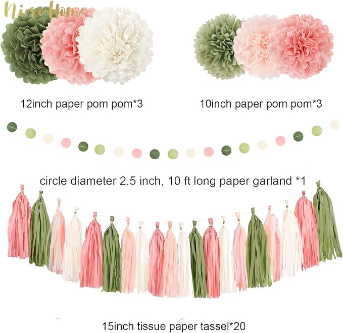 NICROHOME EUR 27 PCS Pink Green Tissue Paper Decorations - Image 3