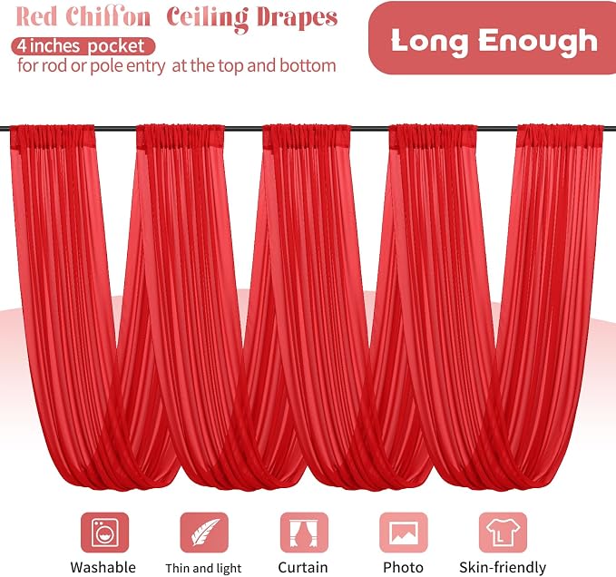 4 Panels Red Ceiling Drapes for Wedding Ceiling Drapes 5ftx30ft Wedding Arch - Image 3