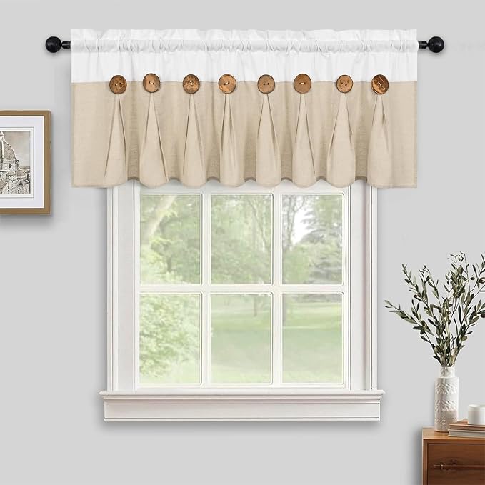 Farmhouse Valance Curtains, Boho Cotton Linen Kitchen Valance, Rustic Button - Image 2