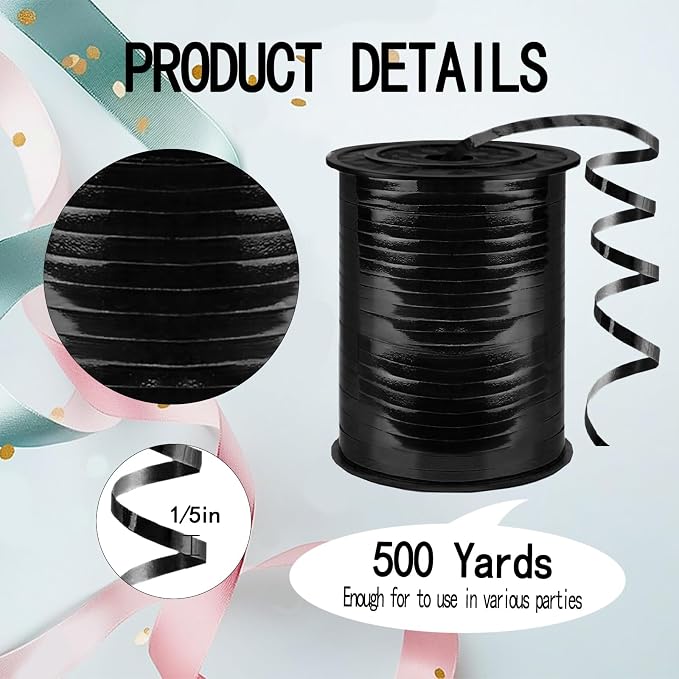 500 Yards Curling Ribbon, 1/5 Inch Shiny Black Ribbon, Balloon String, Party - Image 2