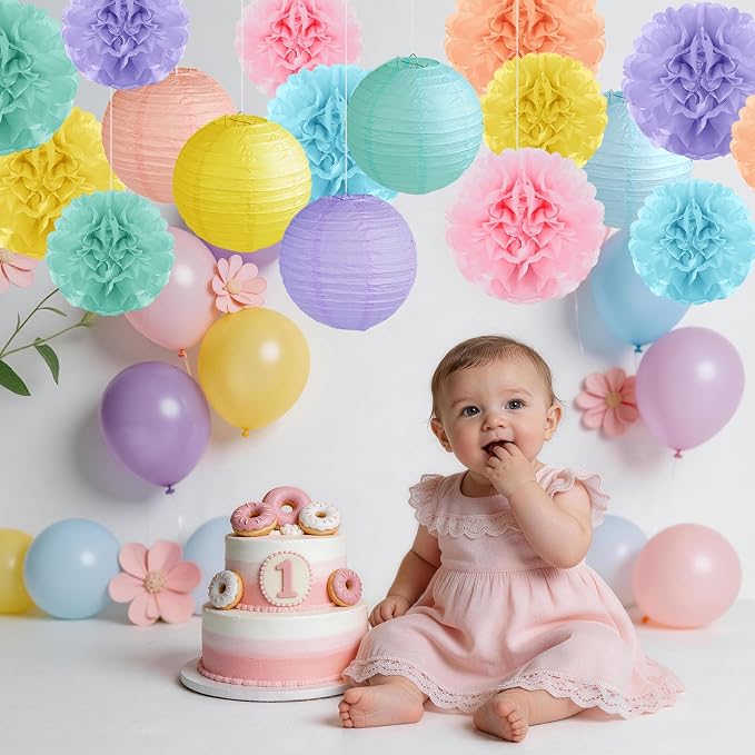 Pastel Paper Lanterns and Pom Poms Flowers Paper Lanterns Party Decorations | - Image 7